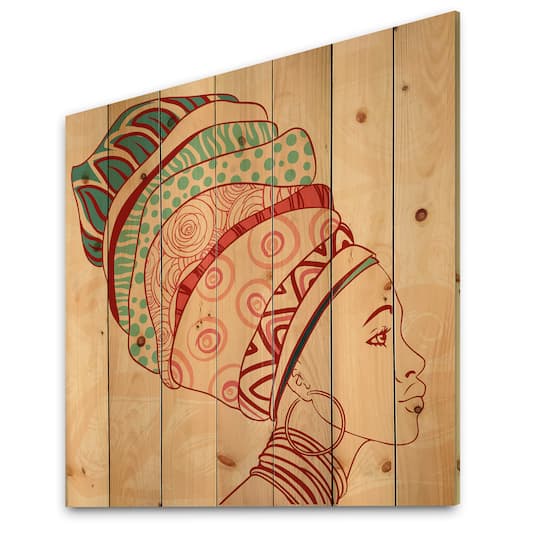 Designart - African American Woman with Turban II - Modern Print on Natural Pine Wood